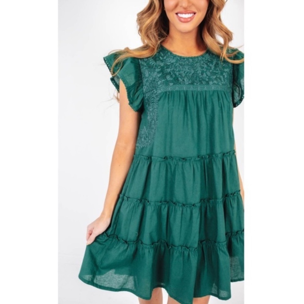 J. Marie Ginny green embroidered tiered swing dress 26456
